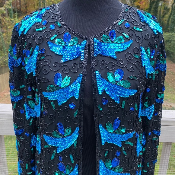 Vintage 80s Silk Sequin Blazer Jacket - Picture 9 of 12